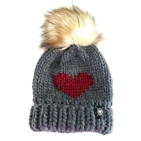 Luxury Big Heart Pom-Pom Beanie in Slate + Ruby