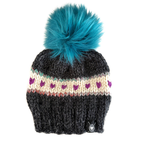 Zero Waste : Stripes + Tiny Hearts Faux Fur Pom-Pom Beanie