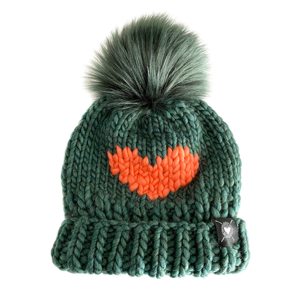 Luxury Big Heart Pom-Pom Beanie in Enchanted Forest + Coral