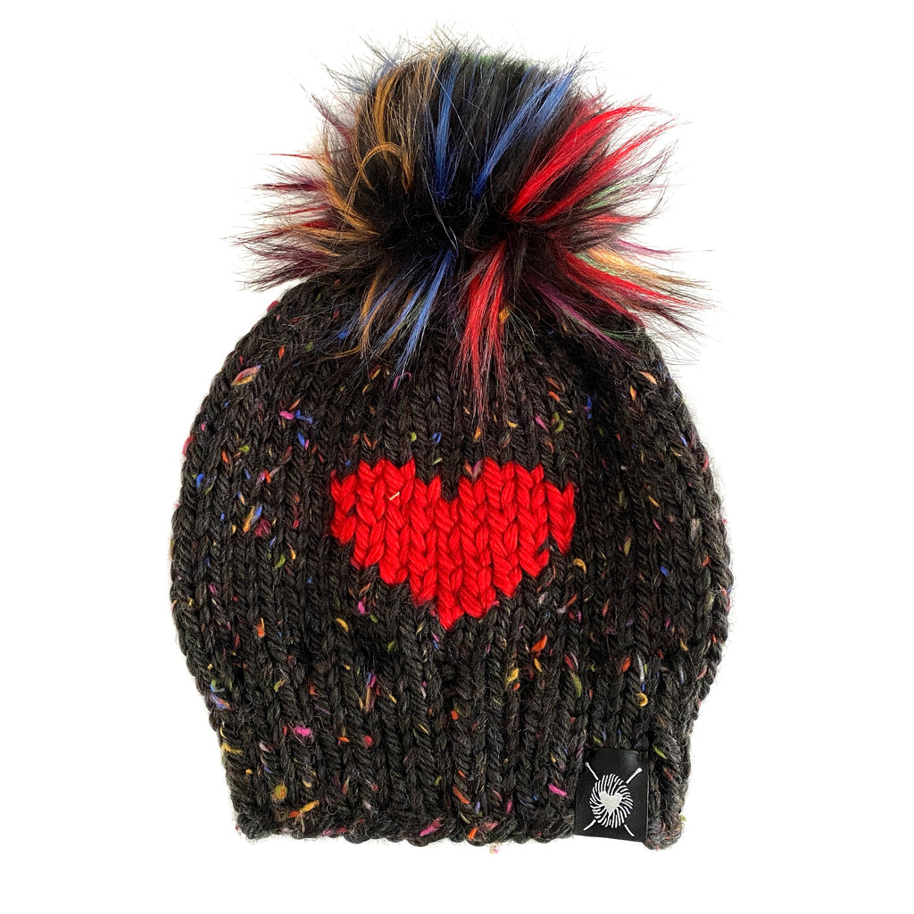Big Heart Faux Fur Pom-Pom Beanie in Rainbow Love(wool free)