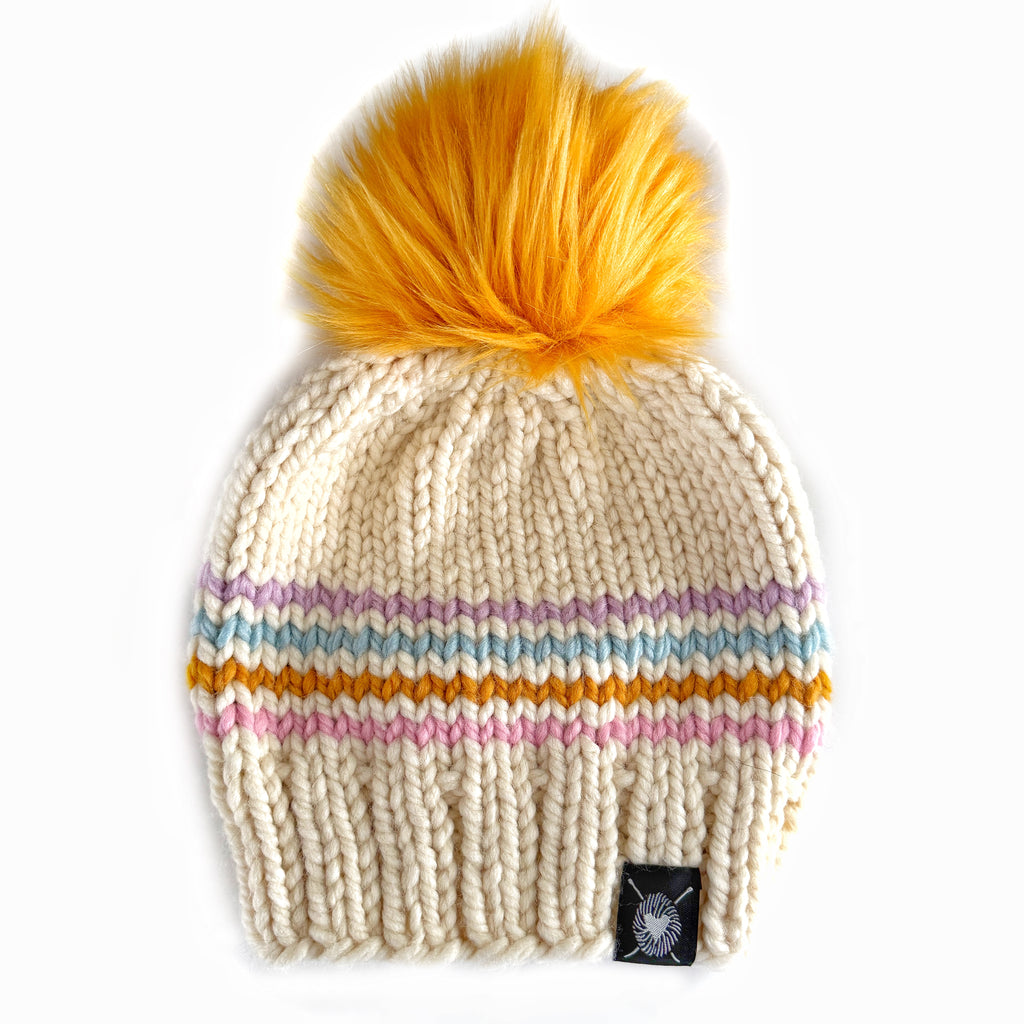 Zero Waste : Four Stripe Faux Fur Pom-Pom Beanie