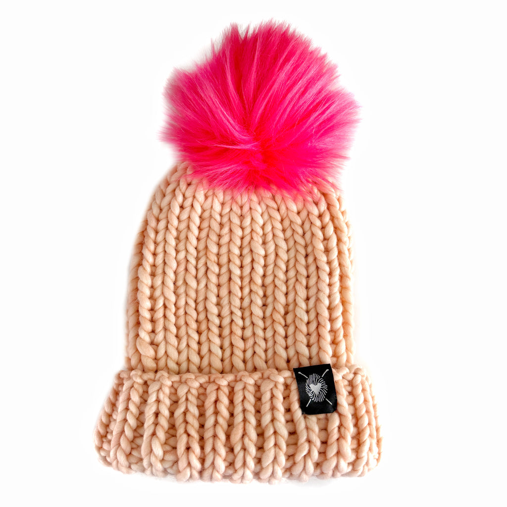 Zero Waste : Merino Folded Brim Faux Fur Pom-Pom Beanie (hand-dyed) - Nickichicki