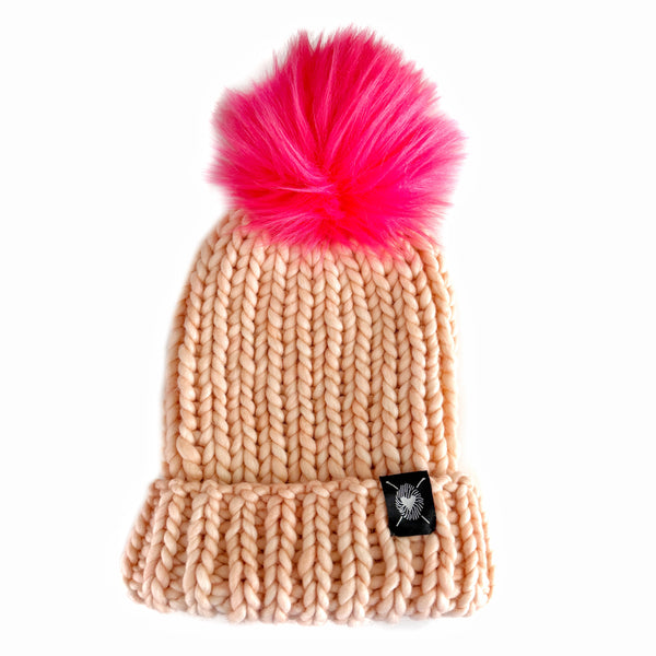 Zero Waste : Merino Folded Brim Faux Fur Pom-Pom Beanie (hand-dyed) - Nickichicki