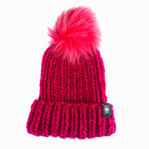 Zero Waste : Merino Folded Brim Faux Fur Pom-Pom Beanie (hand-dyed) - Nickichicki