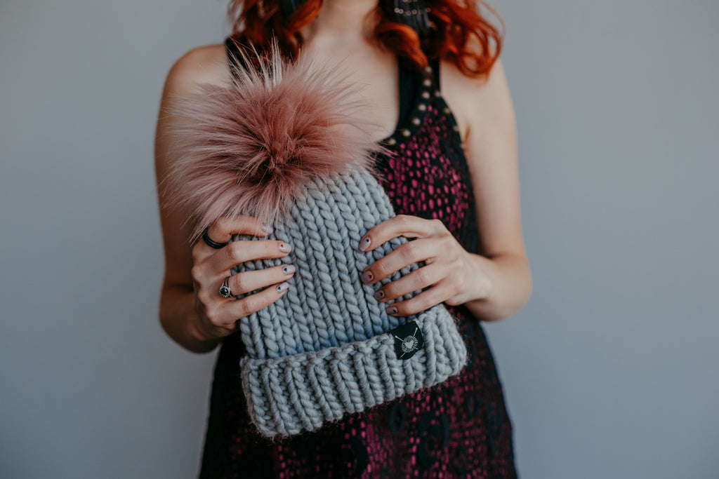 Merino Folded Brim Faux Fur Pom-Pom Beanie in Silver + Rose