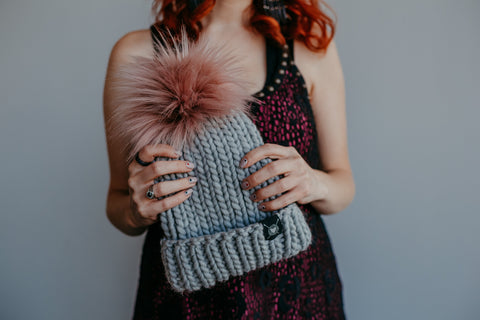 Merino Folded Brim Faux Fur Pom-Pom Beanie in Silver + Rose