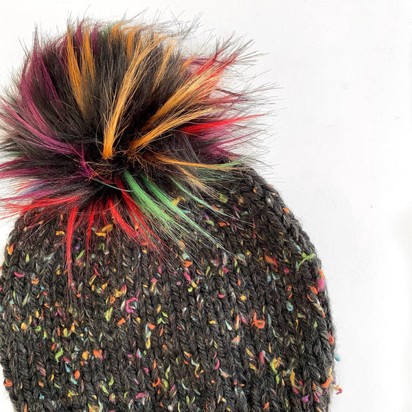 Solid Tweed Faux Fur Pom-Pom Beanie in Dark Rainbow(wool free) Baby/Youth