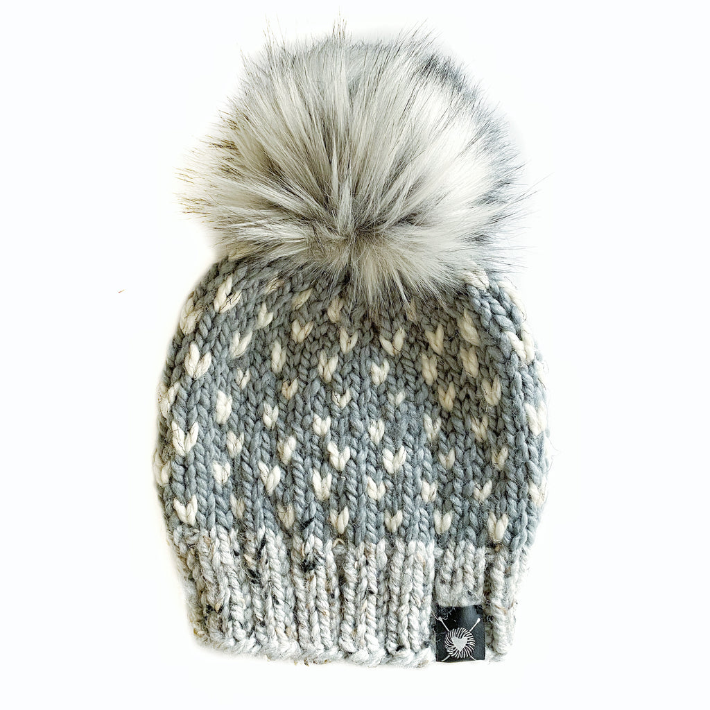 Tiny Hearts Faux Fur Pom-Pom Beanie in Shades of Gray