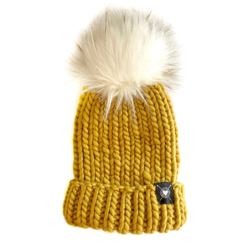 100% Merino Wool Luxury Knit Folded Brim Beanie with Faux Fur Pom Pom | Heavyweight Warm Wool Hat | Pink, Blush | Double Foldover Brim Hat