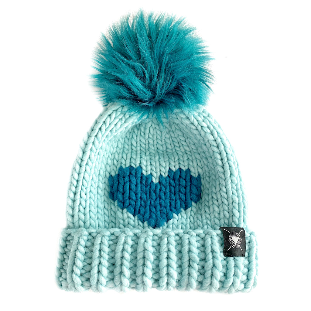 Luxury Big Heart Pom-Pom Beanie in Sea Glass + Teal