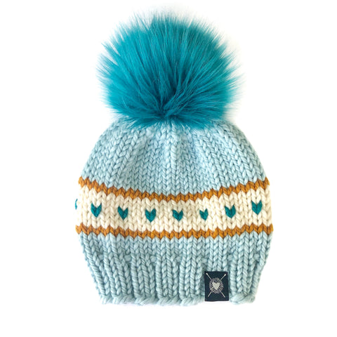 Stripes + Tiny Hearts Faux Fur Beanie in Icecap
