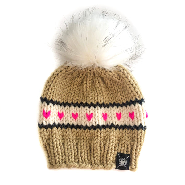 Stripes + Tiny Hearts Faux Fur Beanie in Tres Chic