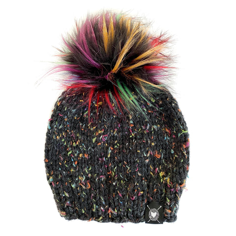 Solid Tweed Faux Fur Pom-Pom Beanie in Dark Rainbow(wool free)