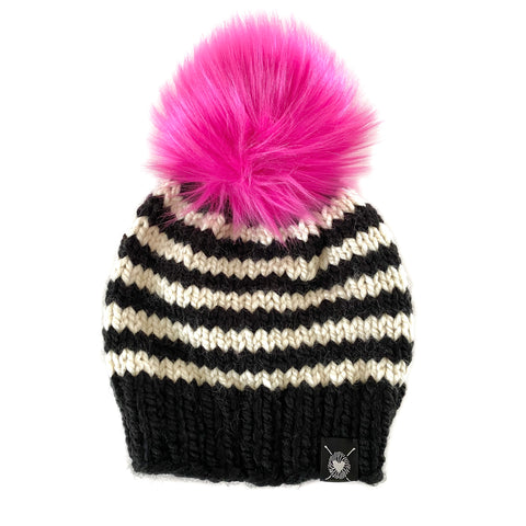 Wide Stripe Faux Fur Pom-Pom Beanie in The Nickichicki