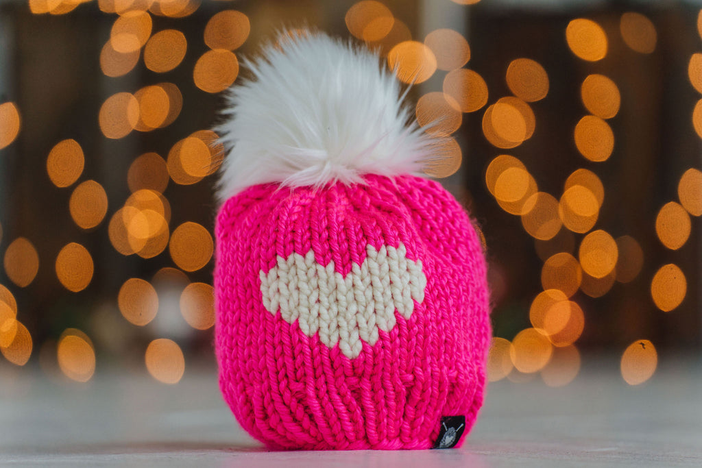 Big Heart Faux Fur Pom-Pom Beanie in Can You See Me?