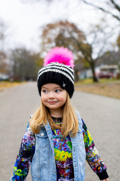 Wide Stripe Faux Fur Pom-Pom Beanie in The Nickichicki Baby/Youth